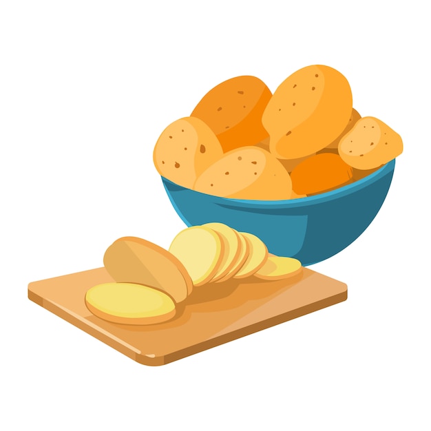 Vector cartoon potato bowl cutting board with potato