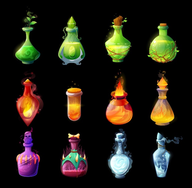 Cartoon potion bottles, magic spells and elixirs glass bubbles. life, death or plant grow, fire and frosting potions with plant leaves, skull, flame and ice. fantasy game vector ui, gui interface icon