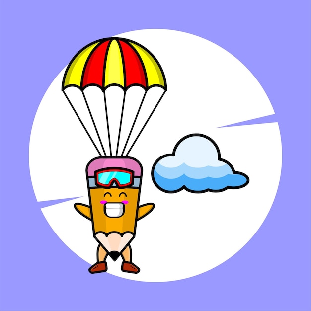 Cartoon potlood mascotte is parachutespringen met parachute en gelukkig gebaar schattig stijlontwerp