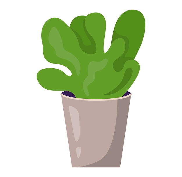 Карикатурное растение в горшке с большими зелеными листьями, коричневый горшок, современная листья, домашняя декорация, домашнее растение