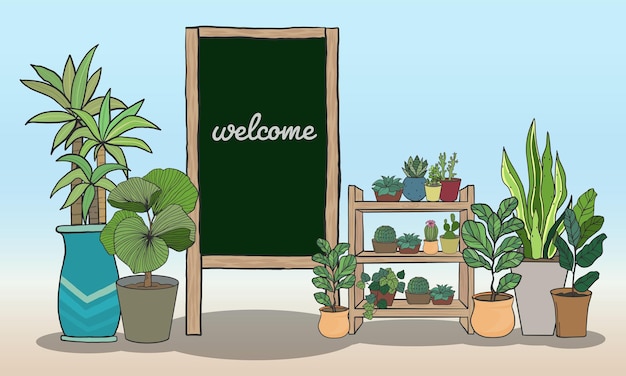 Vector cartoon potted plants set with black board for writing messages