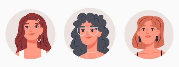 Cartoon prachtige vrouwen portretten Meisjes avatars jonge vrouwelijke gezichten schattige vrouwelijke personages platte vectorillustratie ingesteld op witte achtergrond