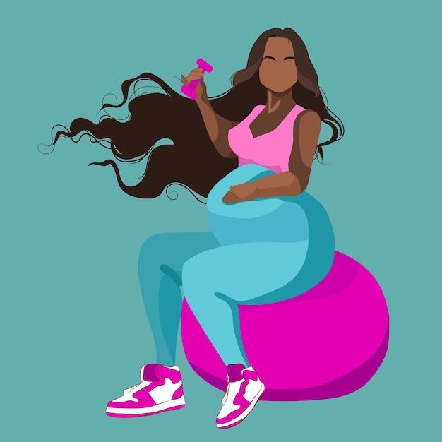 Vector a cartoon of a pregnant woman with a pink tank top and blue pants holding a hammer and sitting on a pink ball.