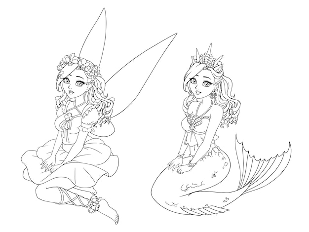 Cartoon pretty fairy and mermaid with curly hair. sitting pose. hand draw coloring book