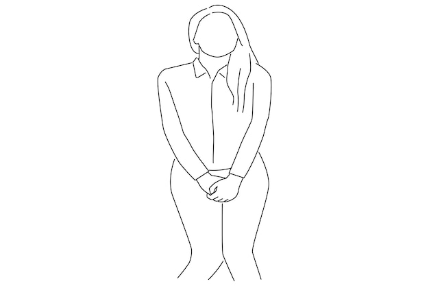 Vector cartoon of pretty young woman in need of a toilet outline drawing style art