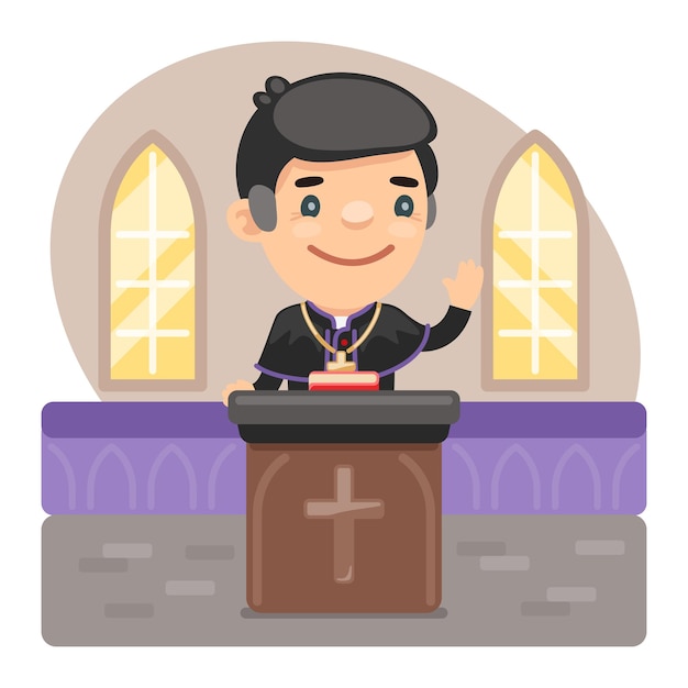 Vector cartoon priest at the pulpit