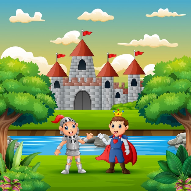 Cartoon of a prince and knight on the edge of the river