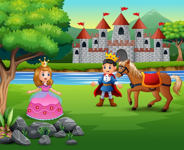 Principe e principessa dei cartoni animati con uno sfondo di castello