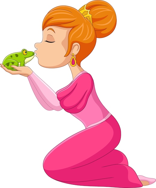 Cartoon princess kissing a green frog