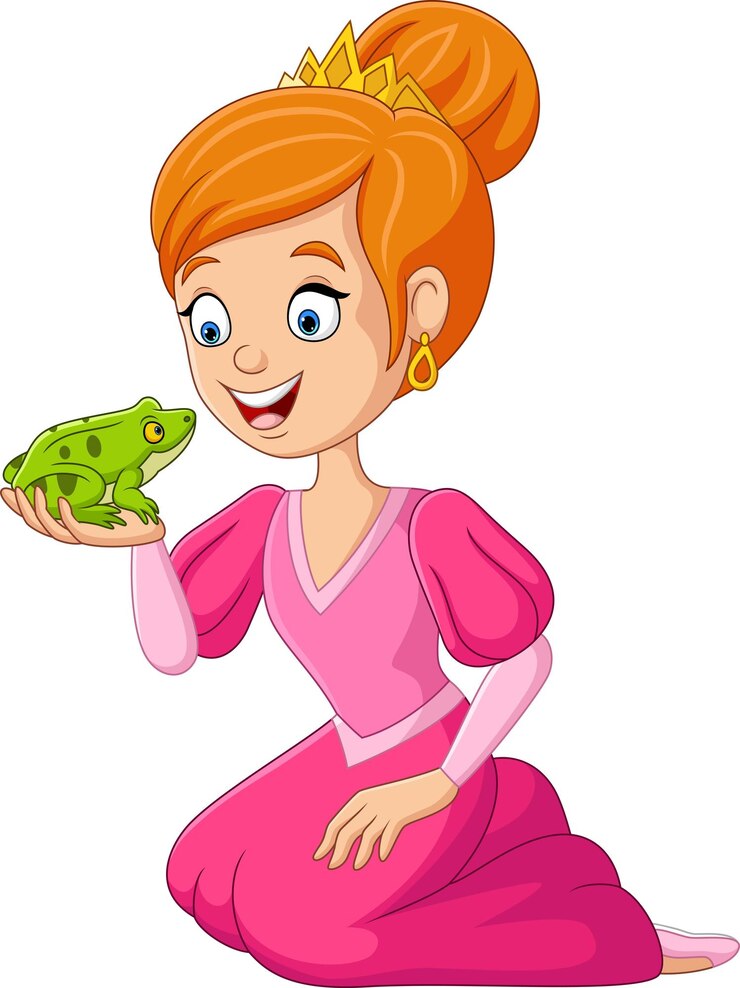 Vector cartoon princess with frog in her hands