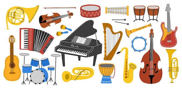 Vector cartoon professional musical instruments different acoustic orchestral elements brass percussion strings and keyboards vector set