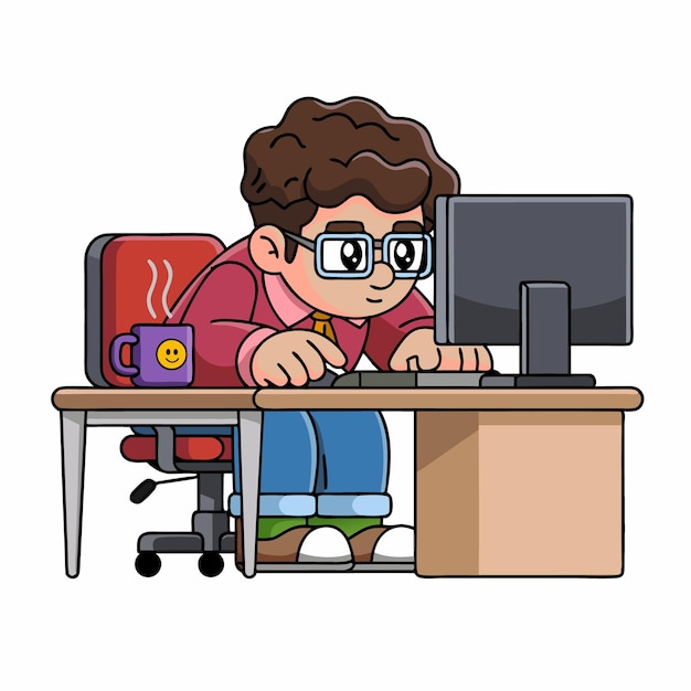 cartoon programmer working on a computer at his desk