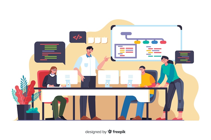 Vector cartoon programmers employee working as team