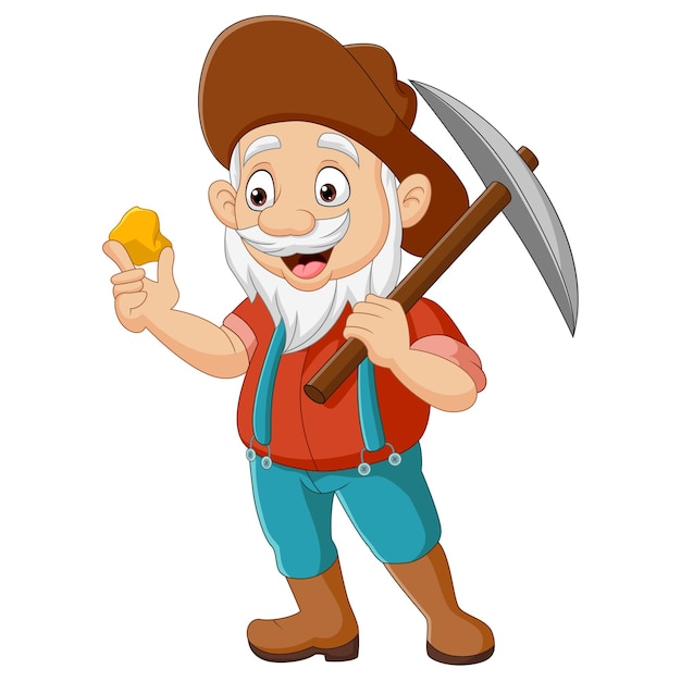 Cartoon prospector holding gold nugget and pickaxe