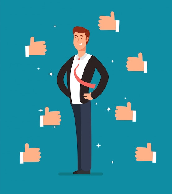 Vector cartoon proud employee with many thumbs up hands of businessmen