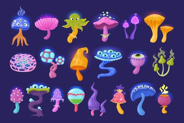 Cartoon psychedelische paddestoelen magische buitenaardse planten vector symbolen illustraties set
