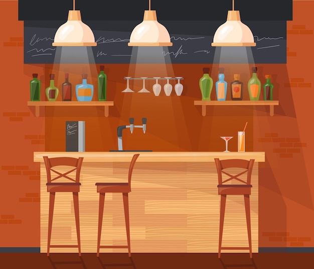 Cartoon pub teller bar interieur binnen café of nachtclub barman tafel close-up alcoholische drank likeur wijn op plank barkruk café lichte stoel club nette vectorillustratie