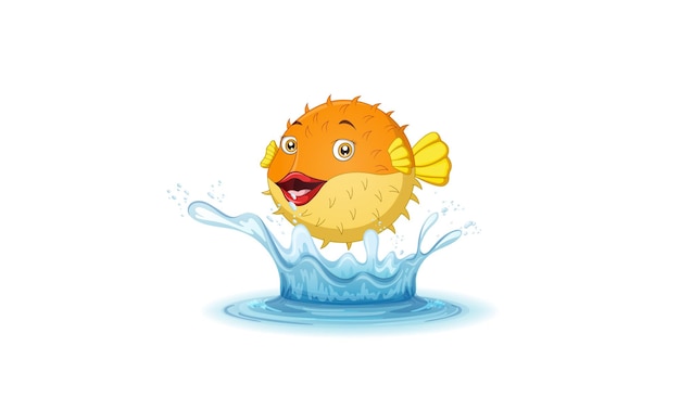 A cartoon puffer fish jumping out of water.