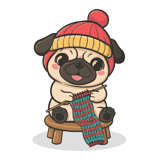 Cartoon pug dog wearing a red and white sweater and a red hat