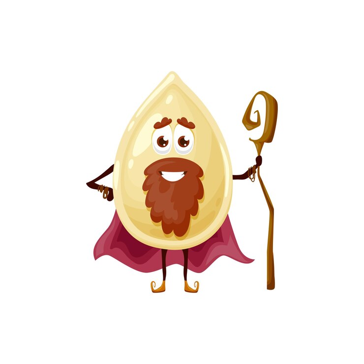 Vector cartoon pumpkin seed magician or wizard with magic stick cane, vector character. kids food character, pumpkin seed as fairy tale wizard or sorcerer warlock with in cape making witch spell