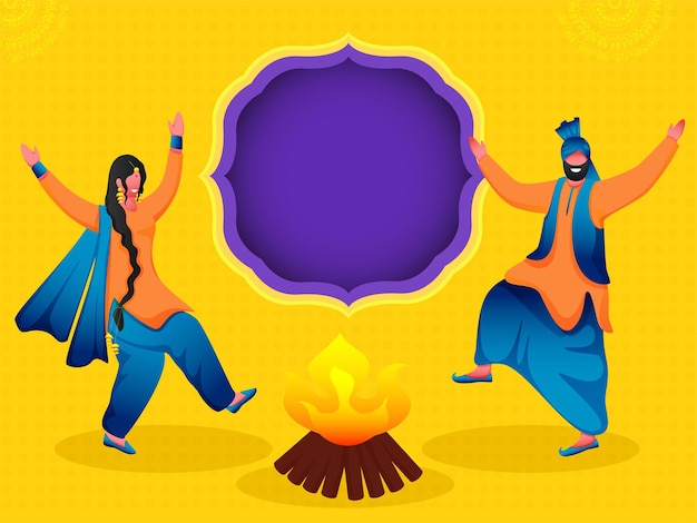 Vector cartoon punjabi paar uitvoeren van bhangra dans met vreugdevuur