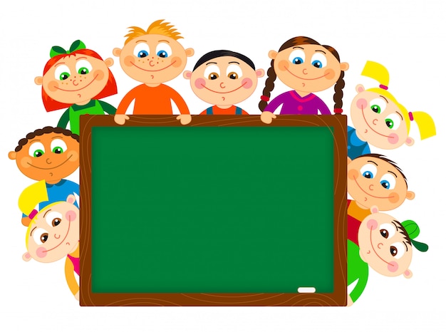 Vector cartoon pupils near a school board