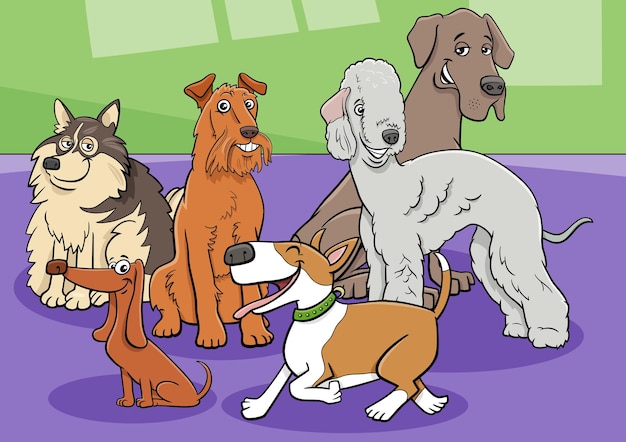 Группа персонажей мультфильмов породистых собак и щенков