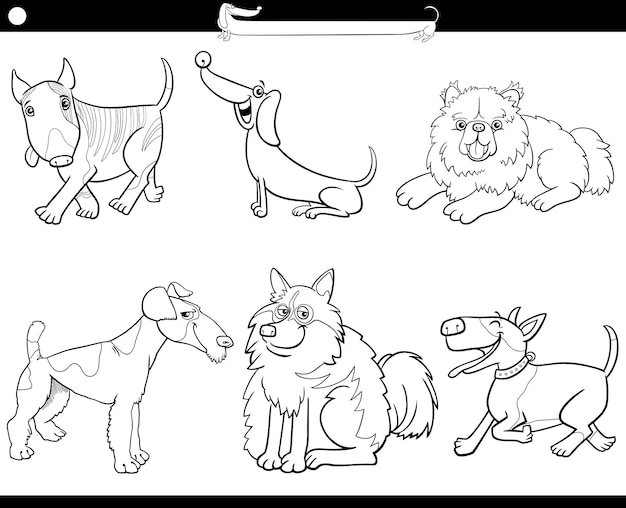 Cartoon purebred dogs comic characters set coloring page