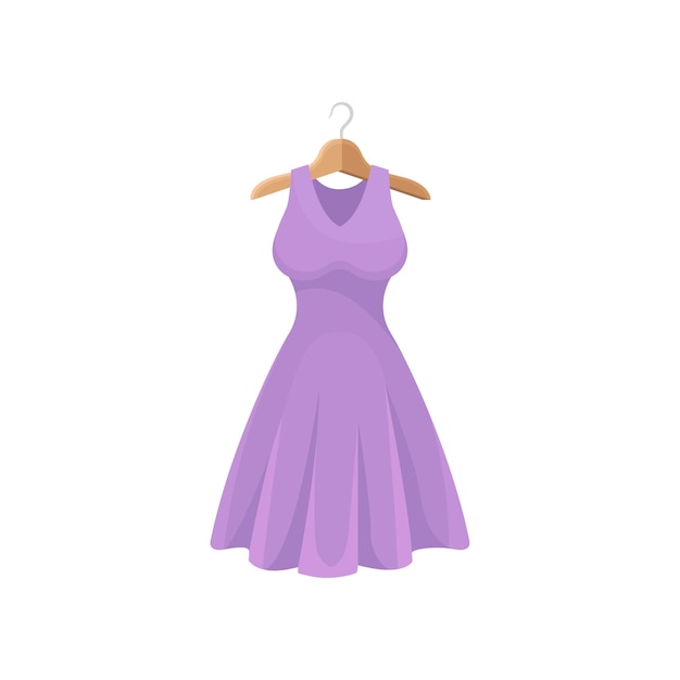 Мультяшное фиолетовое платье на вешалке для одежды Концепция моды Женский сарафан на белом фоне Векторная плоская иллюстрация