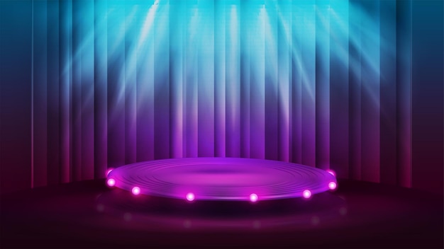 Vector cartoon purple flat round podium with bulbs lights and spotlight on background with curtain