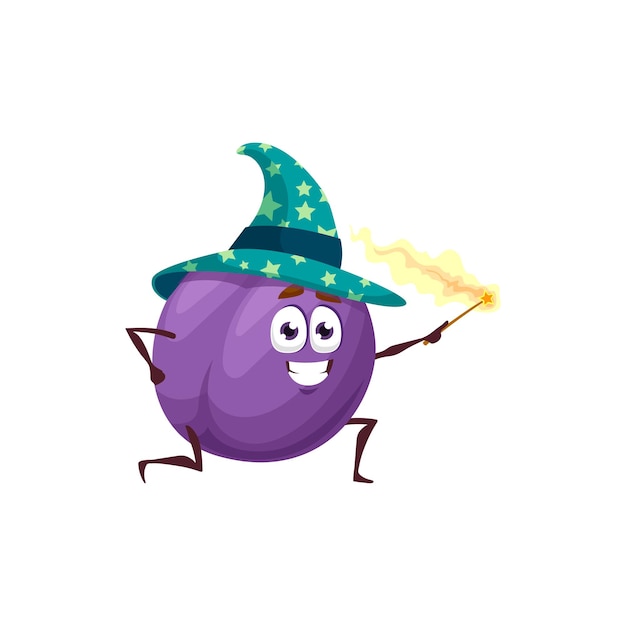 Vector cartoon purple plum fruit wizard or magician