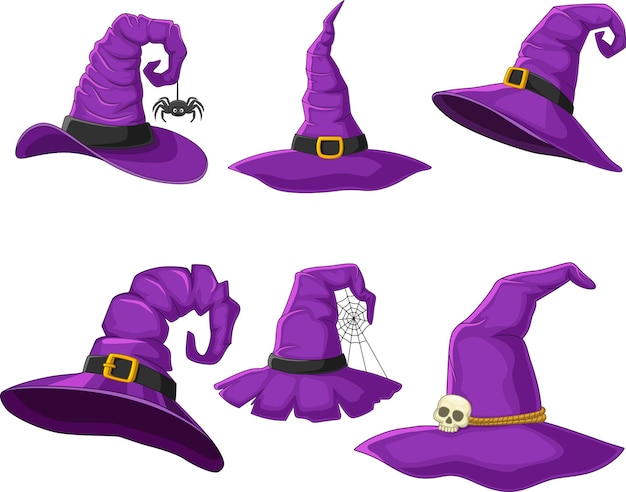 Vettore collezione di cappelli da strega viola dei cartoni animati