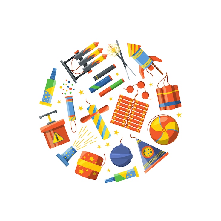Vector cartoon pyrotechnics gathered in circle illustration. celebration and cartoon firework, pyrotechnics explosion, festive carnival