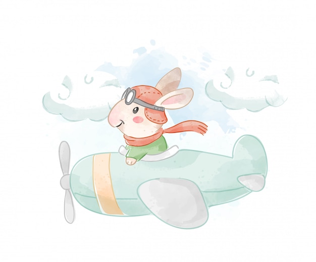 Cartoon rabbit flying on airplane illustration