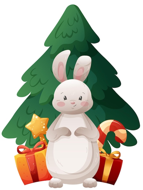 Vector cartoon rabbit hare symbol of 2023 with gifts and christmas tree on transparent background