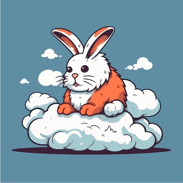 Cartoon rabbit on an island with clouds and smoke