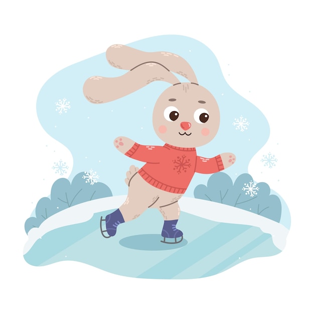 Coniglio cartone animato in un maglione rosso che pattina sul ghiaccio in stile piatto