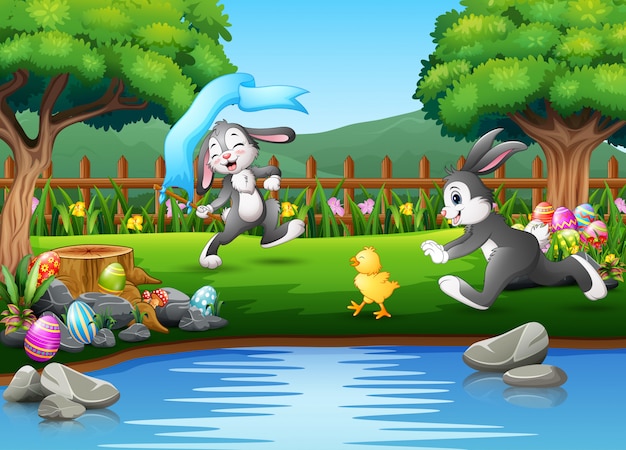 Coniglio dei cartoni animati in esecuzione e giocando sulla natura