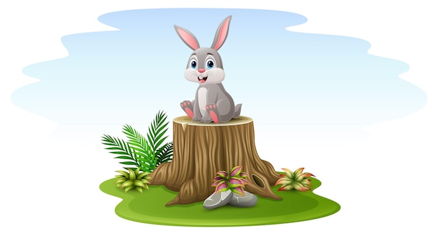 Cartoon rabbit sitting on tree stump