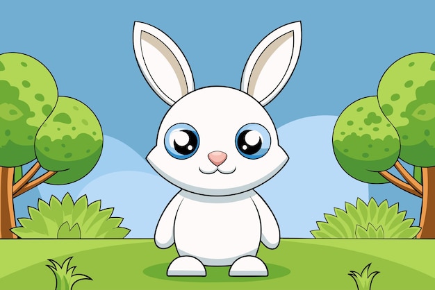 a cartoon rabbit with a blue background with green trees