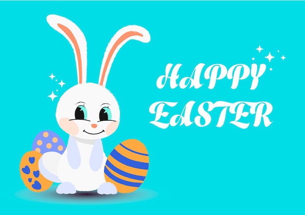 A cartoon rabbit with a blue background with the words happy easterwith colored easter eggs