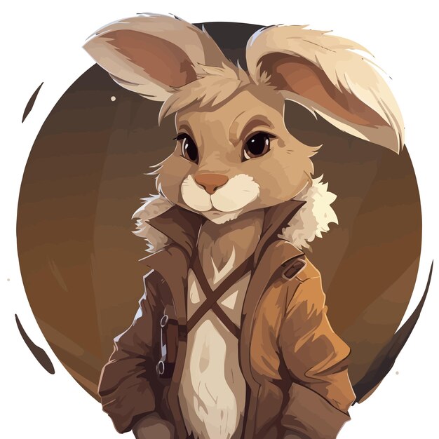 A cartoon rabbit with a brown jacket and a brown and white face.