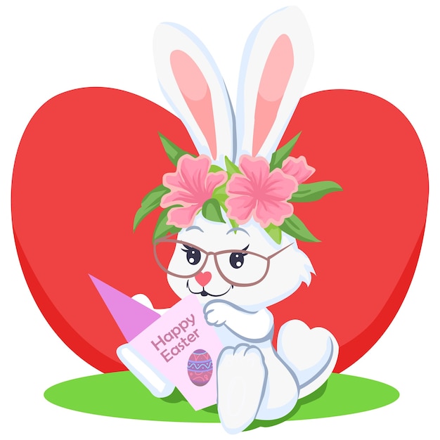 A cartoon rabbit with a flower crown reading a book.