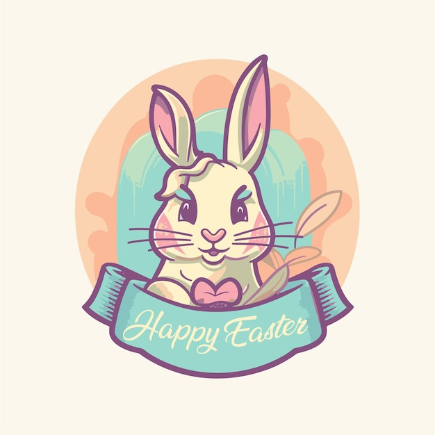 A cartoon rabbit with a ribbon that says happy easter.