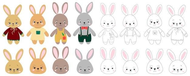 Vector cartoon rabbits doodle sketch outline isolated