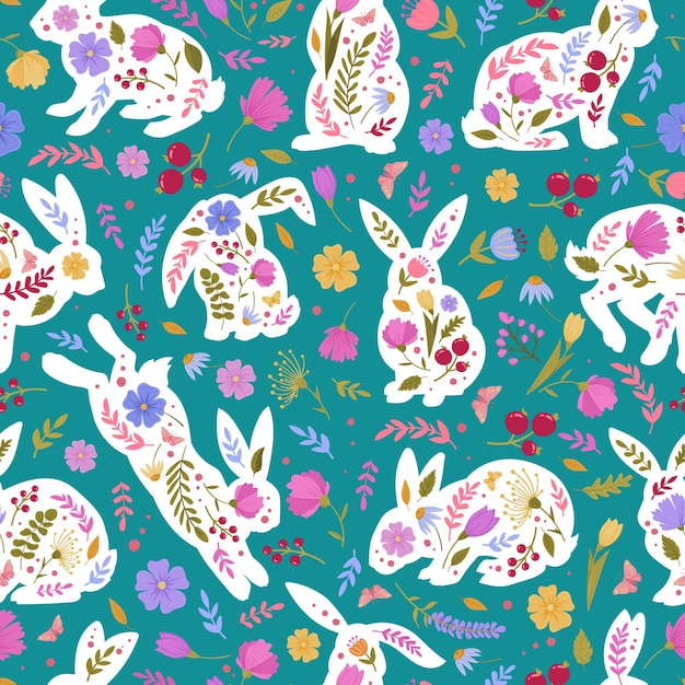 Cartoon rabbits patterns Easter floral decorative cute bunny flat seamless background Rabbits endless design vector illustration