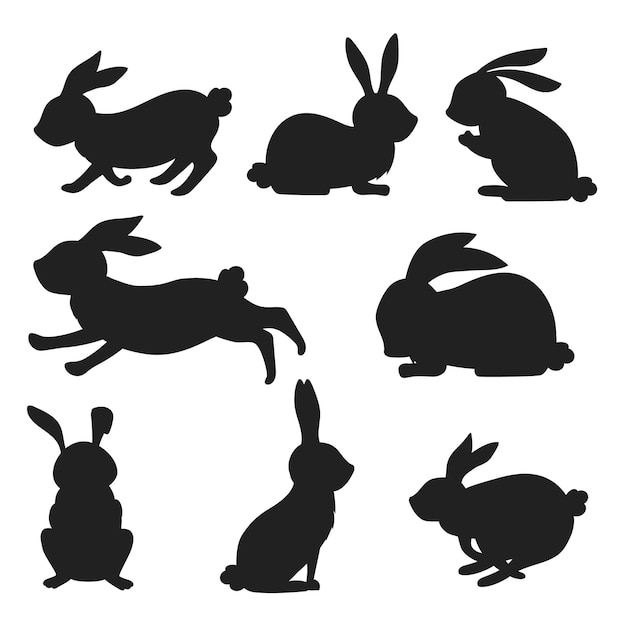 Vector cartoon rabbits set isolated vectors silhouettes