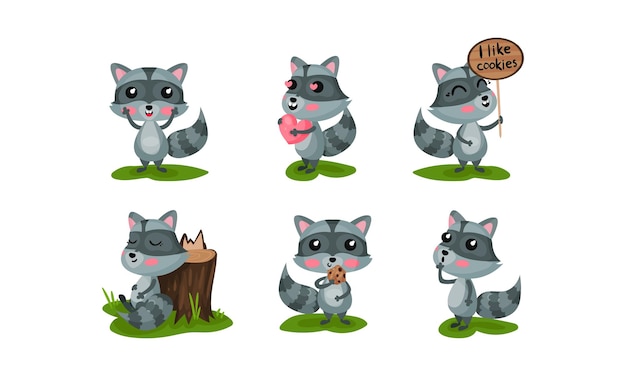 Vettore cartoon raccoon character vector set creatura divertente che mangia biscotti che tiene il cuore che dorme vicino allo stub agitando le mani