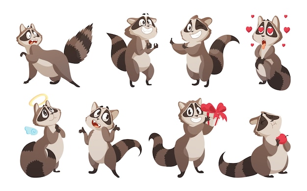 Vector cartoon raccoon cute adorable baby wild woodland animal with tail and paws standing in funny poses isolated funny mascots give present and eat apple vector fluffy creature emotional expressions set