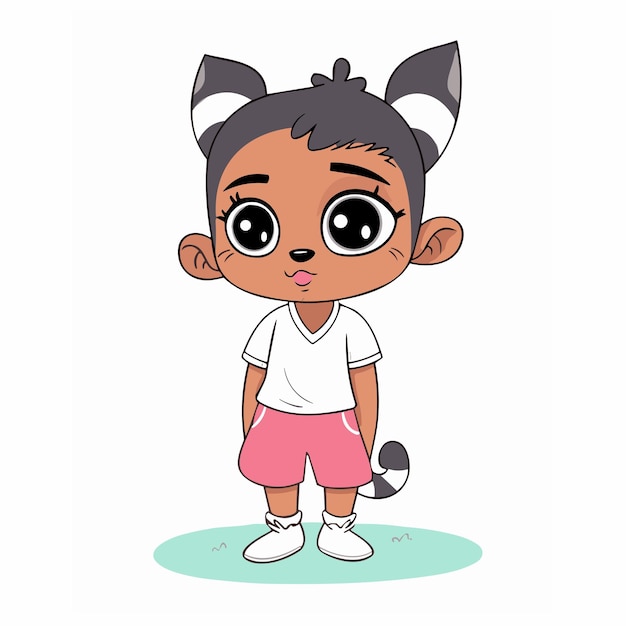 Cartoon raccoon girl in pink shorts and white shirt